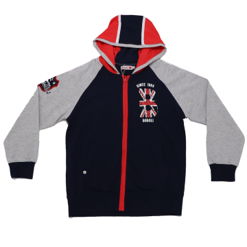 Hanorac gri, bleumarin și roșu