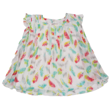 Rochiță plisată albă cu imprimeu pene colorate