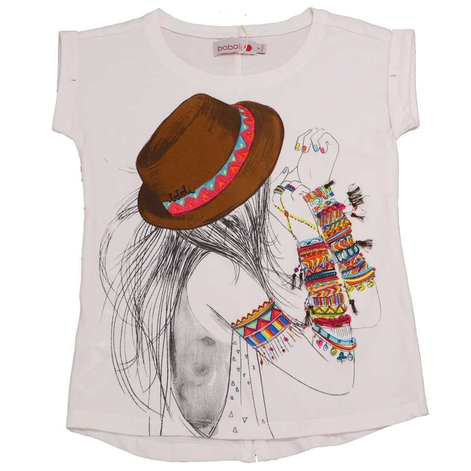 Tricou alb cu imprimeu fetiță cu pălărie