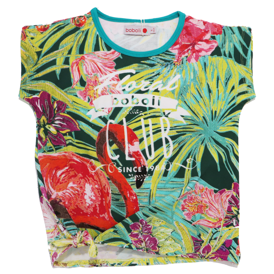 Tricou verde cu imprimeu flamingo și nod în talie