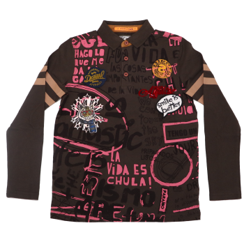 Bluză maro cu guler imprimeu și aplicații