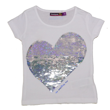 Tricou alb cu paiete reversibile în formă de inimă