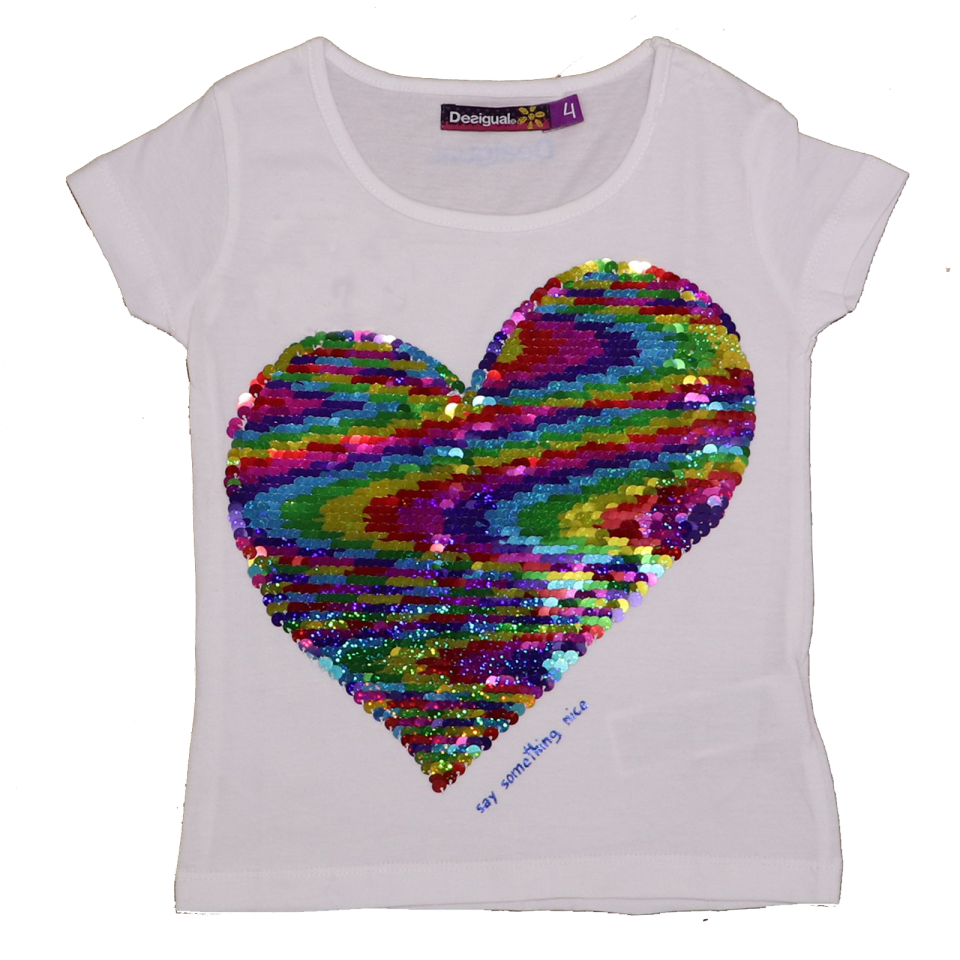 Tricou alb cu paiete reversibile în formă de inimă