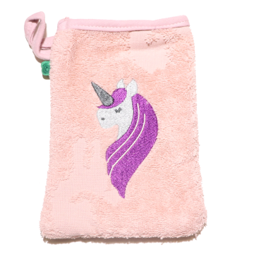 Mănușă de baie pentru bebeluși, roz cu model unicorn, din bumbac organic