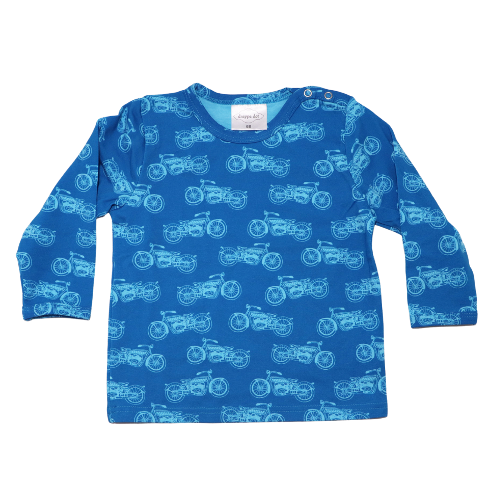 Bluză albastră cu imprimeu motociclete și capse pe umăr