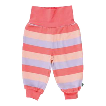 Pantaloni corai cu dungi roz și lila