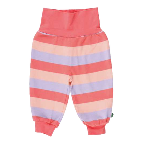 Pantaloni corai cu dungi roz și lila