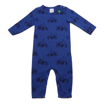 Salopetă fără botoși, albastră cu imprimeu tractoare