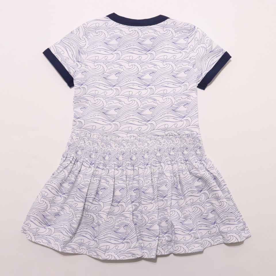 Rochie albă cu imprimeu valuri bleumarin