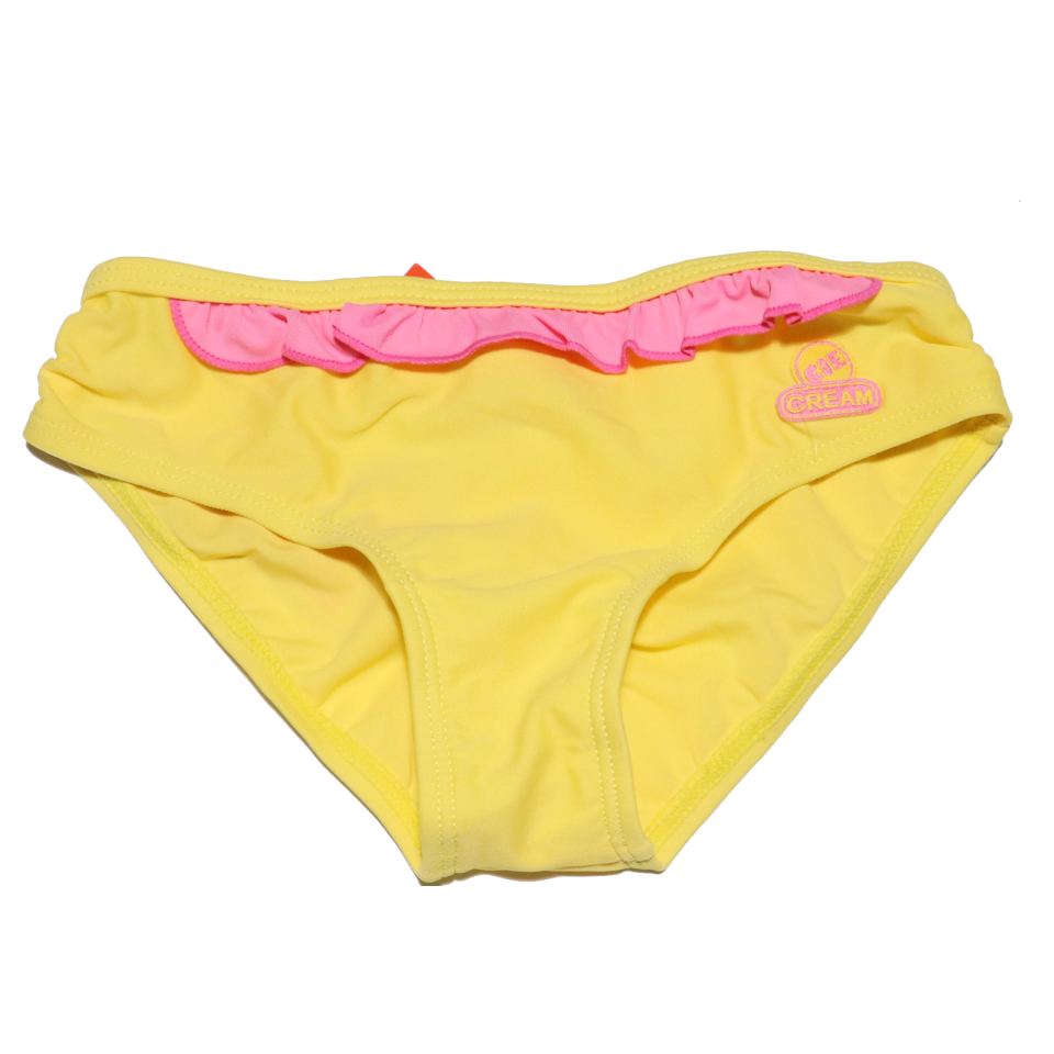 Slip de baie galben cu volănaș roz