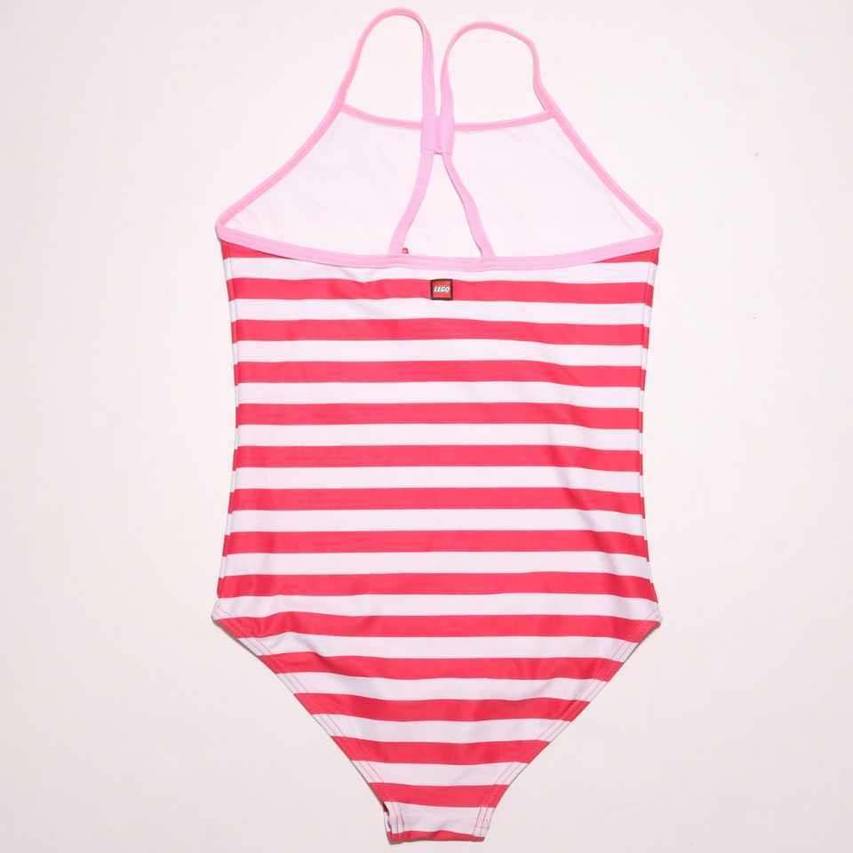 Costum de baie întreg roz cu dungi albe