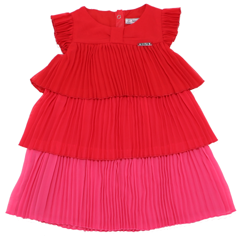 Rochiță în nuanțe de roșu și roz cu volănașe