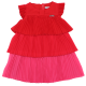 Rochiță în nuanțe de roșu și roz cu volănașe