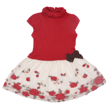 Rochie roșie cu fundiță și detalii din broderie