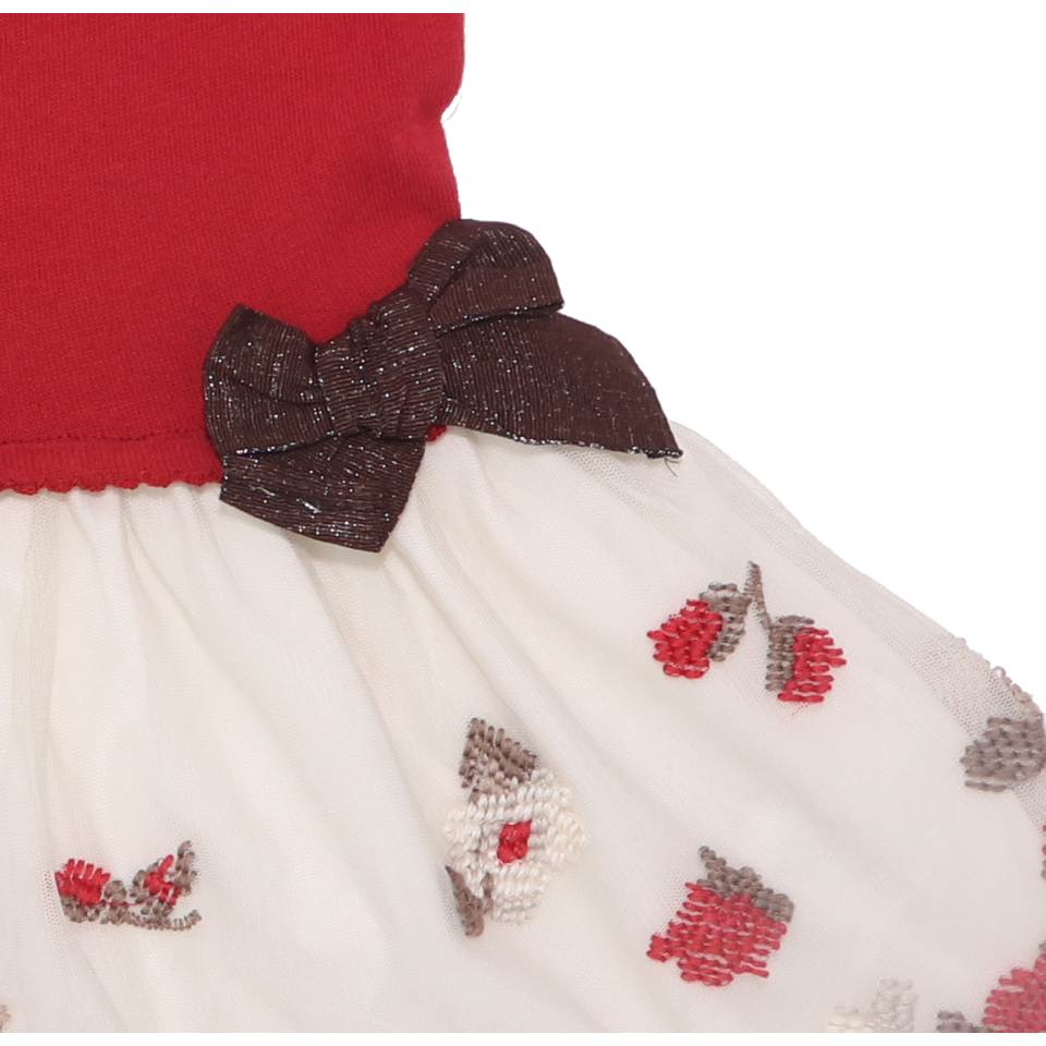 Rochie roșie cu fundiță și detalii din broderie