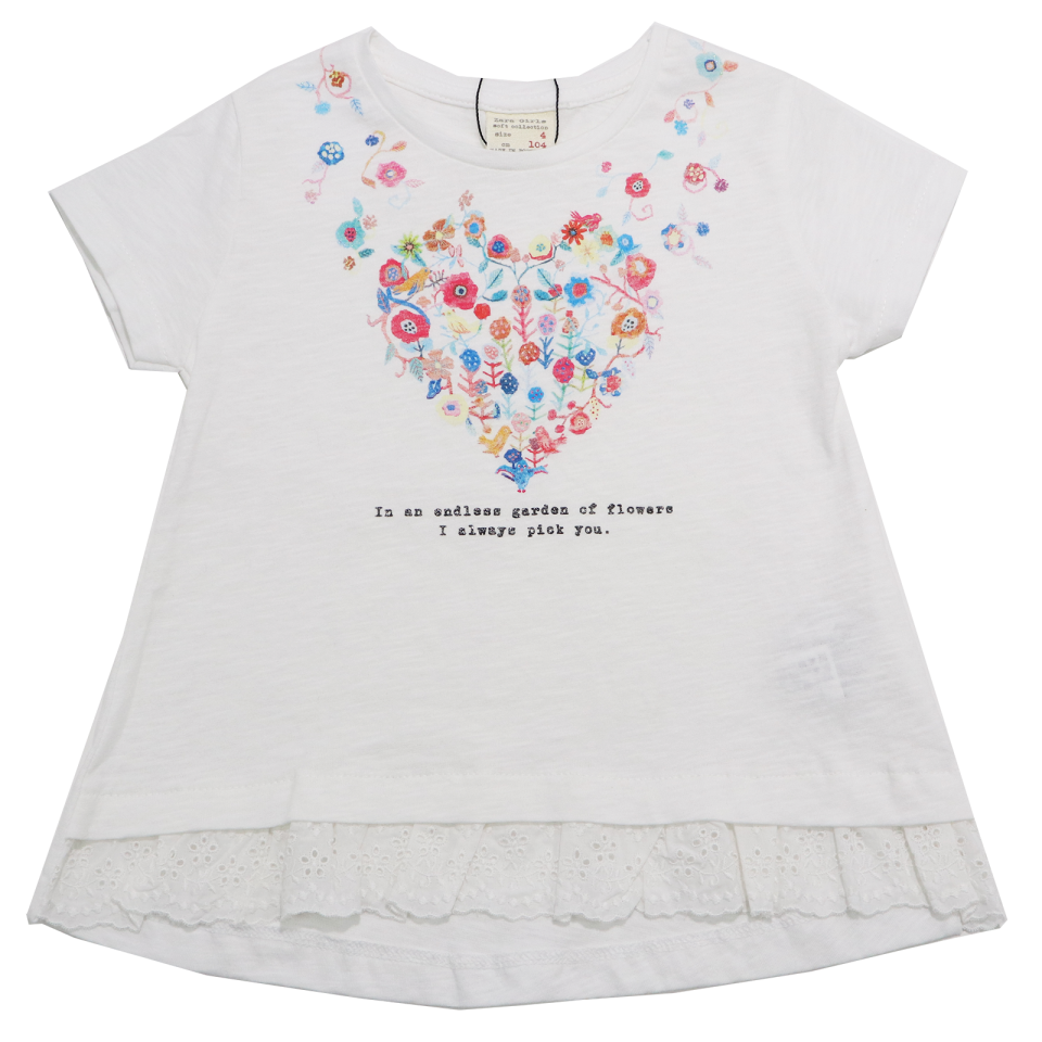 Tricou alb cu imprimeu inimă din flori Zara 4 ani (104 cm)