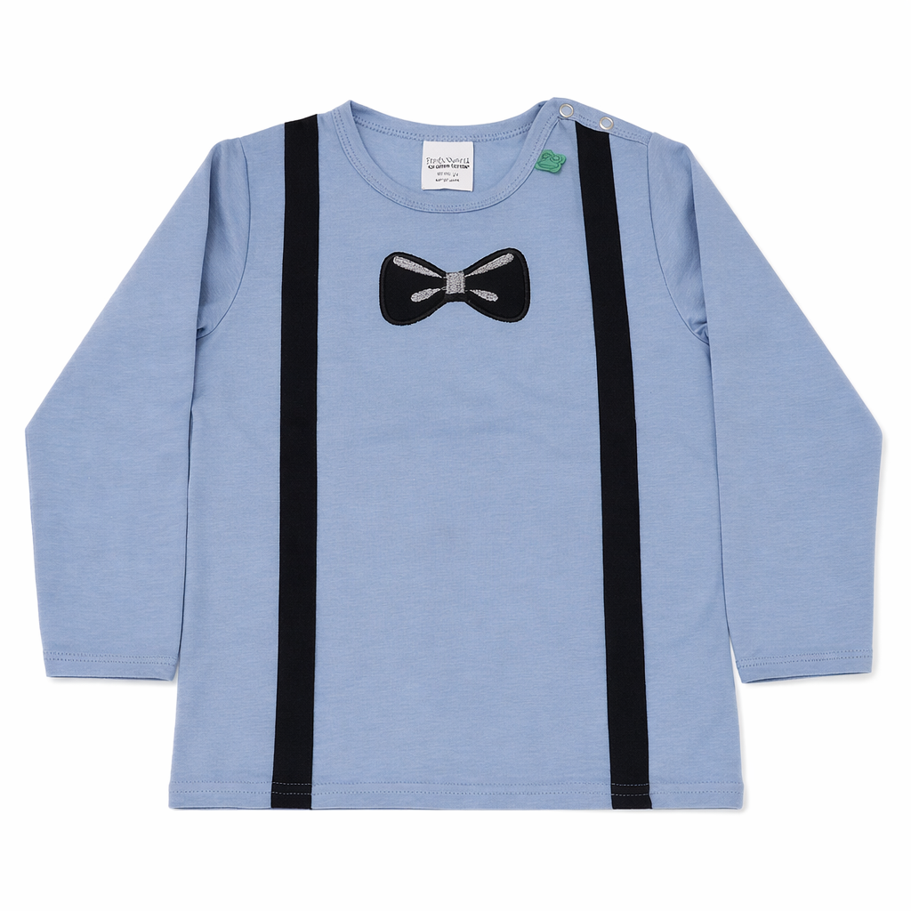 Bluză bleu cu print breteluțe și papion