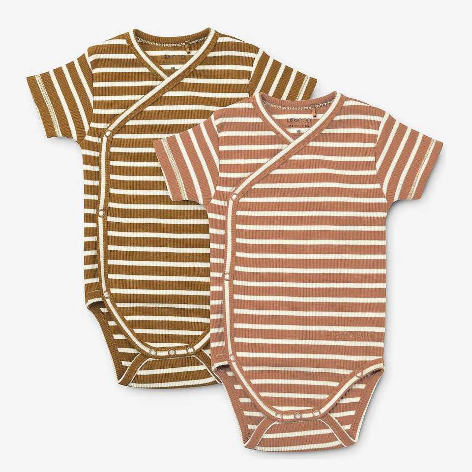 Set două body-uri pentru copii in nuanța muștar si roz cu dungi