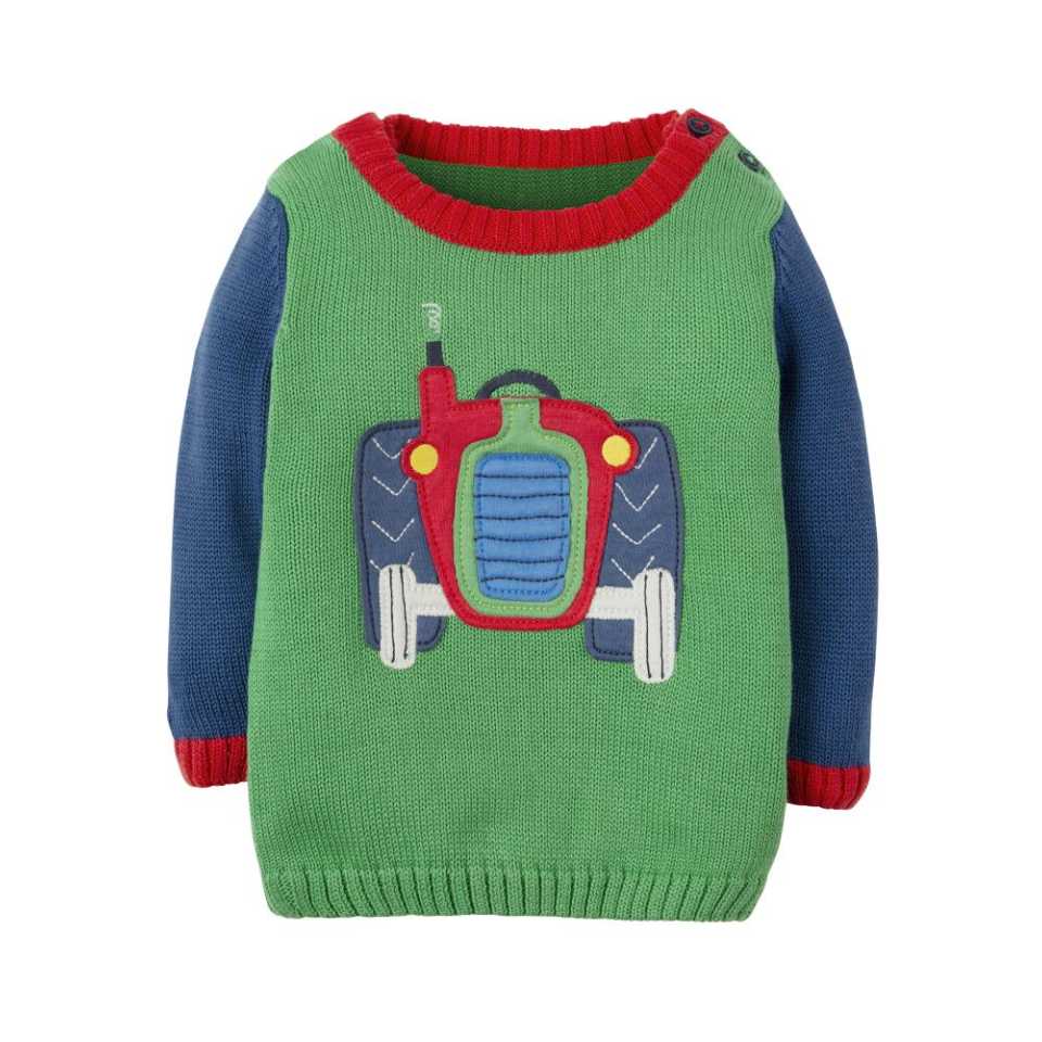 Pulover verde cu imprimeu tractor pentru copii