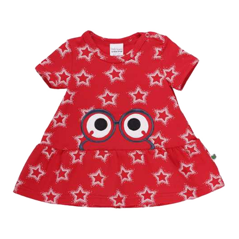 Rochiță roșie cu volane la bază și imprimeu steluțe