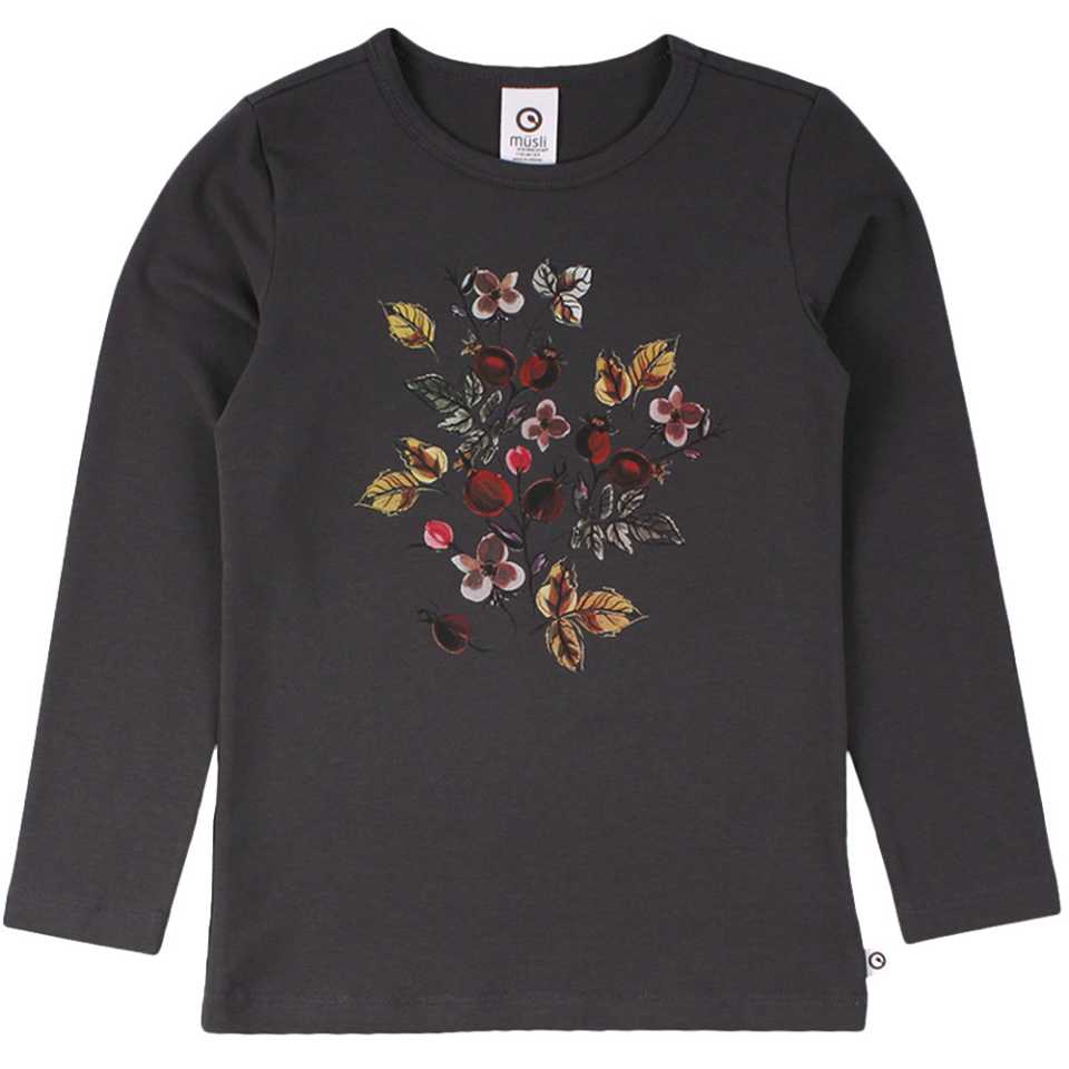 Bluză gri antracit cu mânecă lungă și imprimeu floral