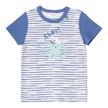 Tricou alb cu dungi albastre și caracatiță cusută