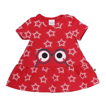 Rochiță roșie cu volane la bază și imprimeu steluțe