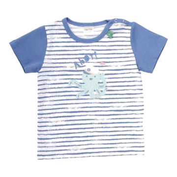 Tricou alb cu dungi albastre și caracatiță cusută