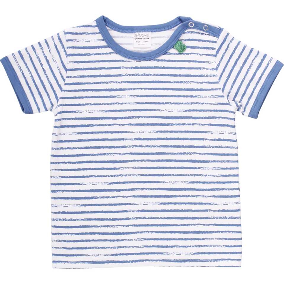 Tricou alb cu dungi albastre și capse pe umăr