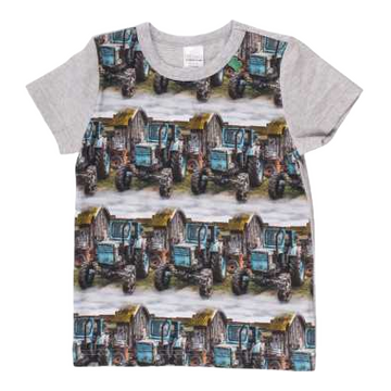 Tricou gri cu croi drept și imprimeu tractoare