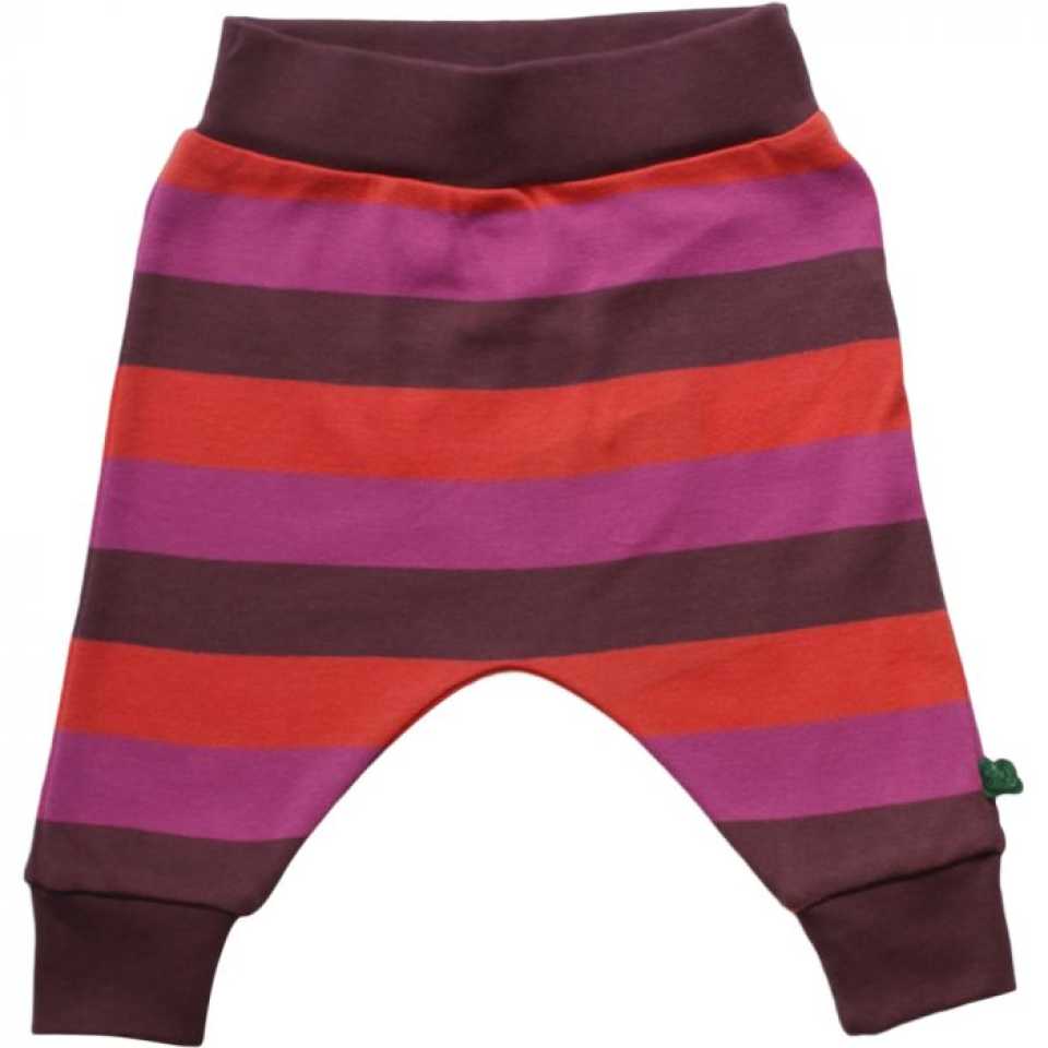 Pantaloni mov prună cu dungi corai și violet