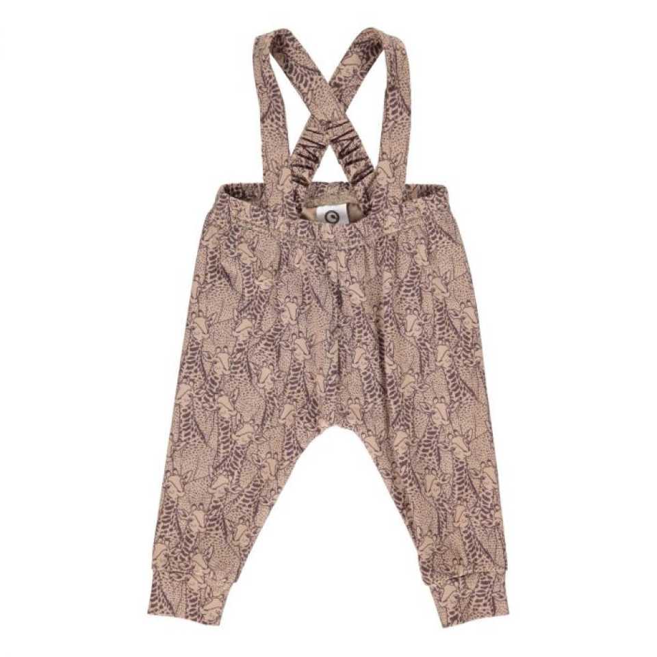 Pantaloni bej cu bretele și imprimeu girafe