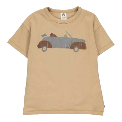 Tricou bej cu imprimeu mașină pentru copii