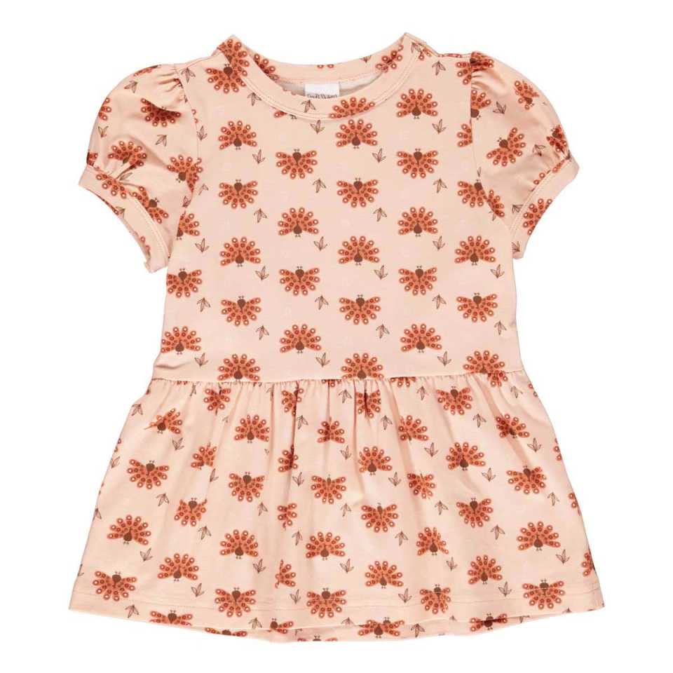 Tricou roz peplum cu imprimeu păuni pentru fetițe