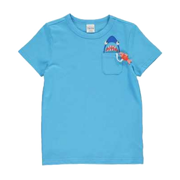 Tricou bleu cu buzunar, rechin și pește
