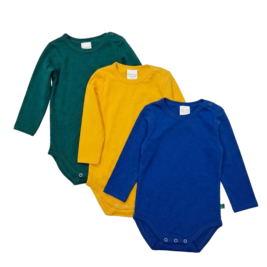 Set 3 body-uri cu mânecă lungă din bumbac organic, albastru intens, galben și verde