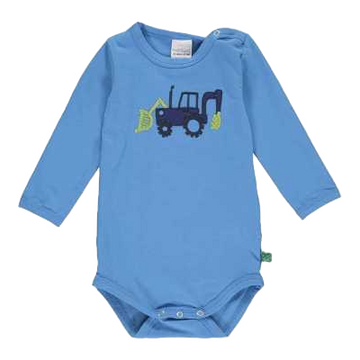 Body albastru cu aplicație tractor pentru bebeluși