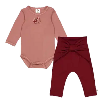 Set body mânecă lungă și pantaloni din bumbac organic, roz închis