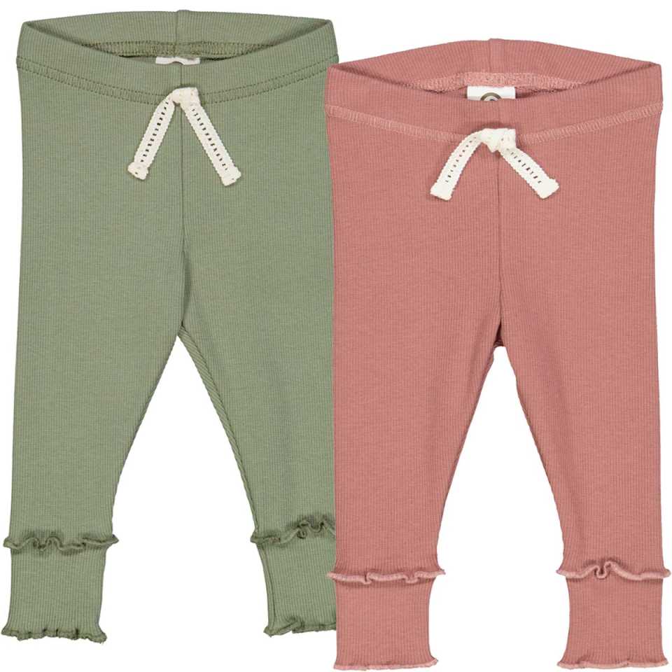 Set 2 colanți rib pentru bebeluși din bumbac organic, roz închis și verde prafuit