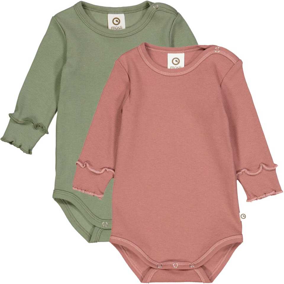Set 2 body-uri rib cu mânecă lungă, roz închis și verde prăfuit