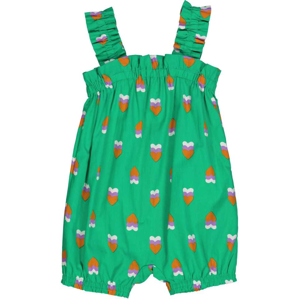Salopetă scurtă, verde, din poplin, cu imprimeu inimioare