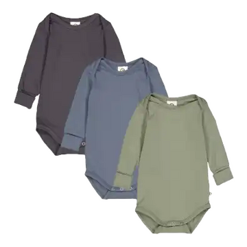 Set 3 body-uri din bumbac organic - albastru, gri și verde