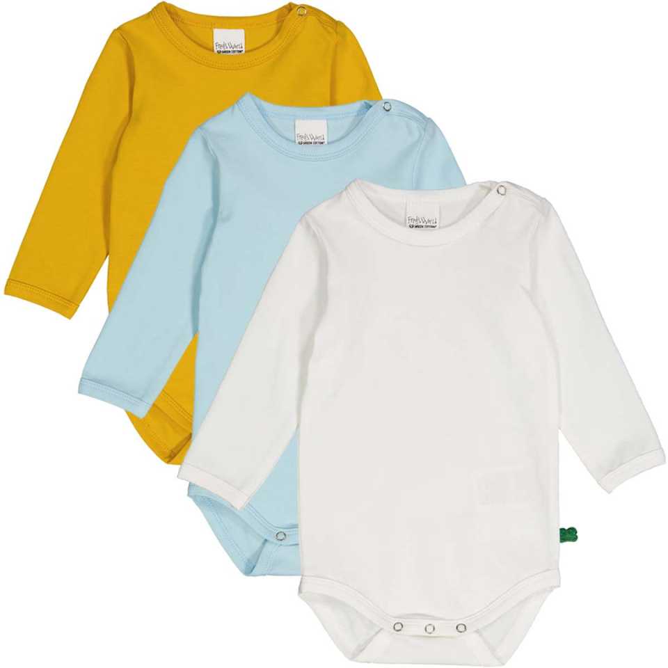 Set 3 body-uri cu mânecă lungă – aqua, alb și galben intens