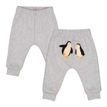 Pantaloni gri melanj cu pinguini aplicați – din bumbac organic