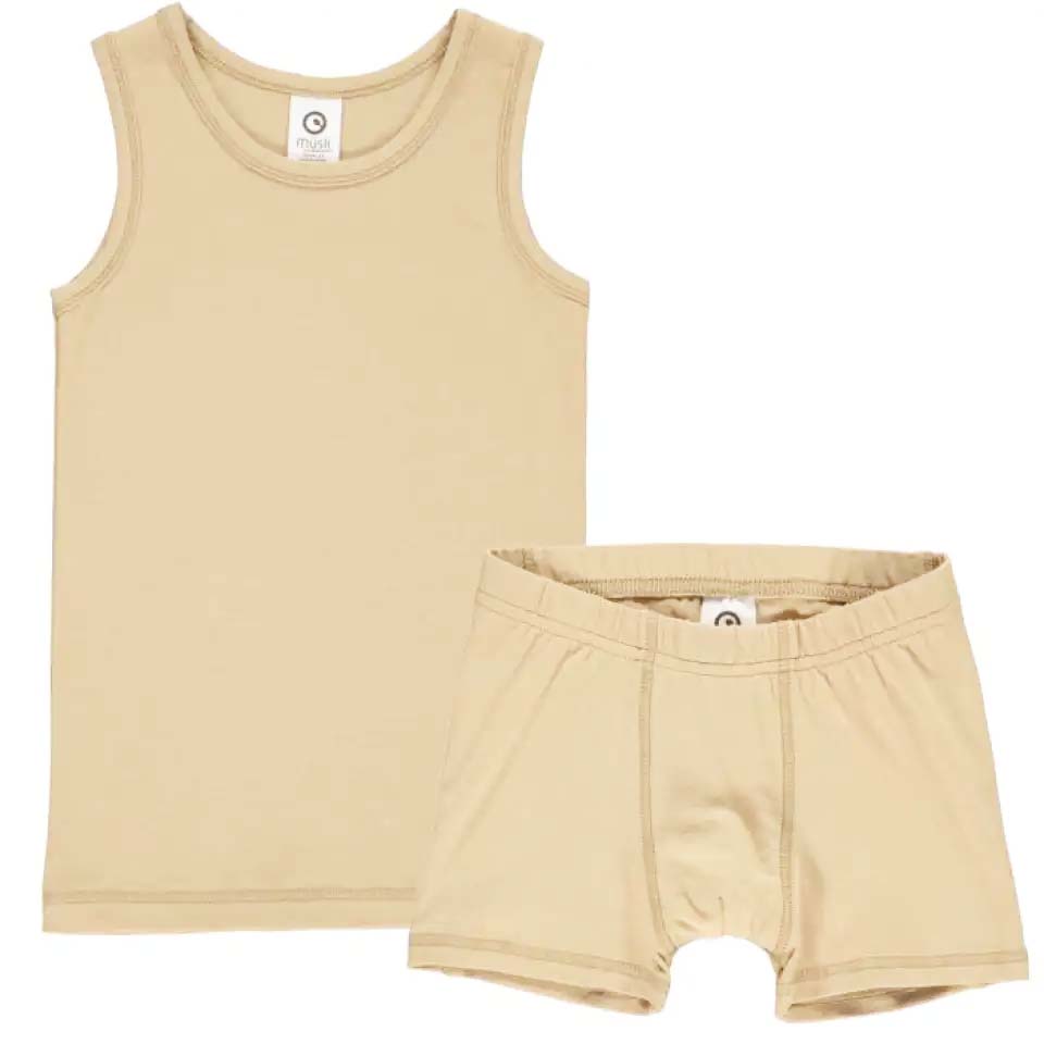 Set maieu și boxeri băieți bej sand din bumbac organic