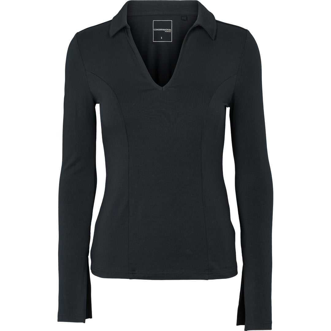 Bluză neagră din Tencel cu mânecă lungă și șliț