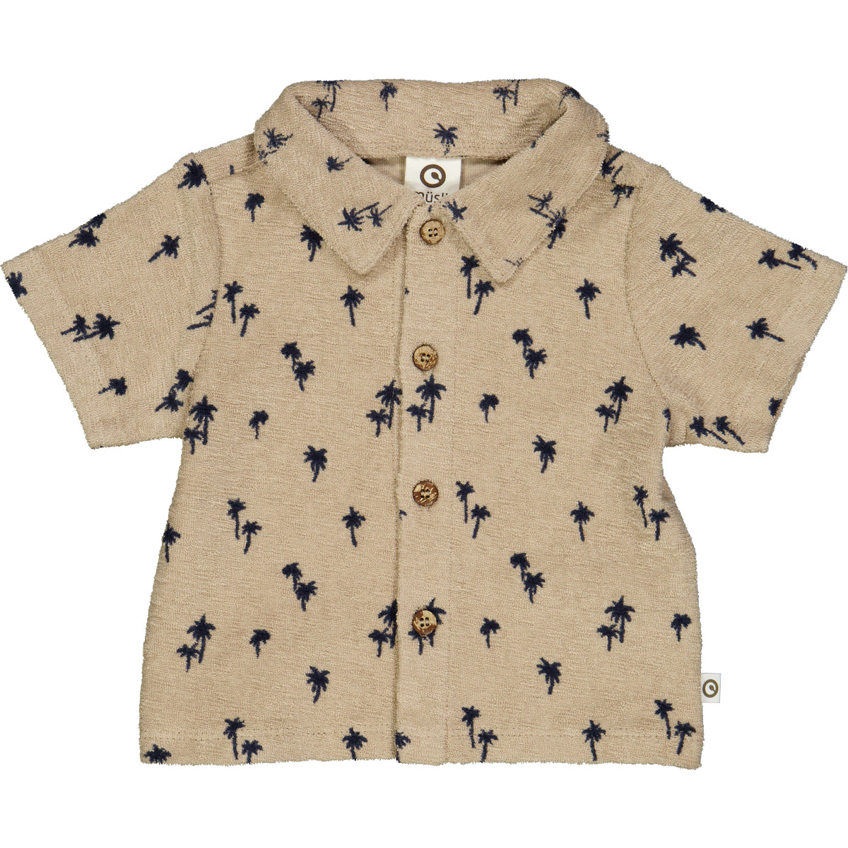 Cămașă din bumbac terry cu mânecă scurta bej, cu imprimeu palmieri