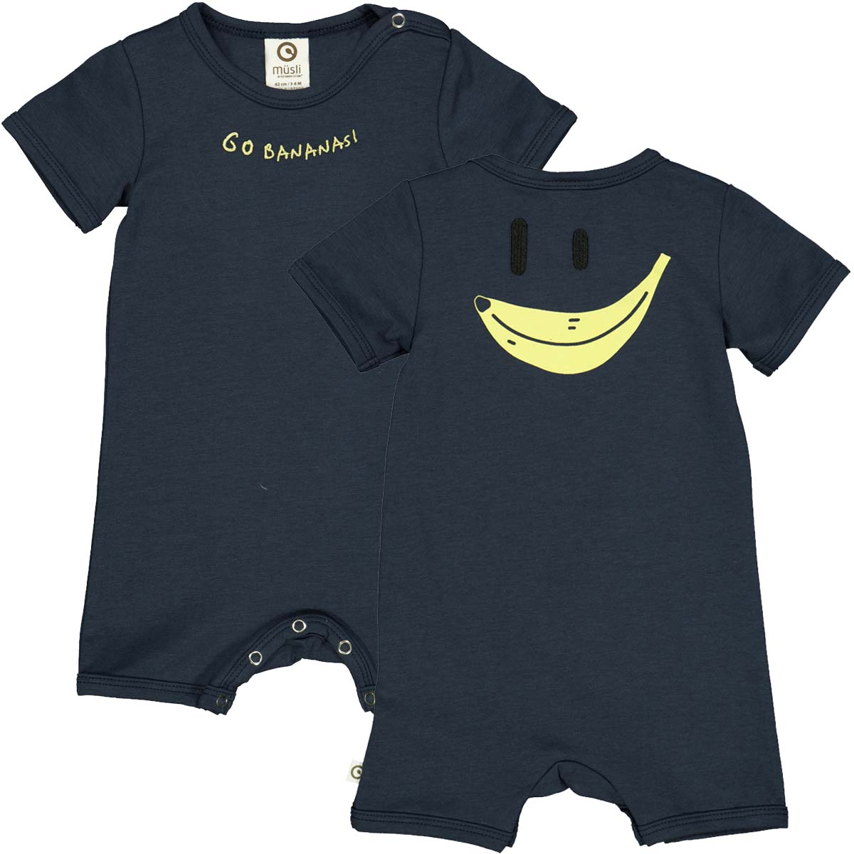 Salopetă scurtă bleumarin cu imprimeu banană