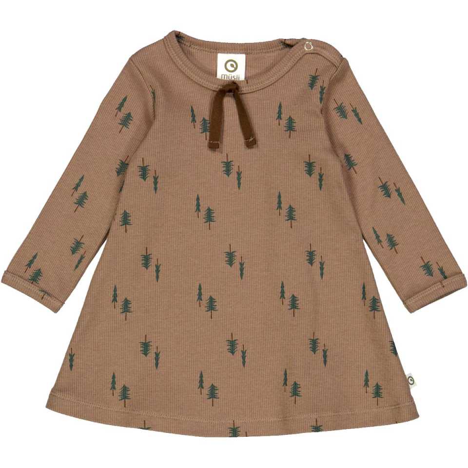 Rochiță rib bej cu imprimeu pini, din bumbac organic