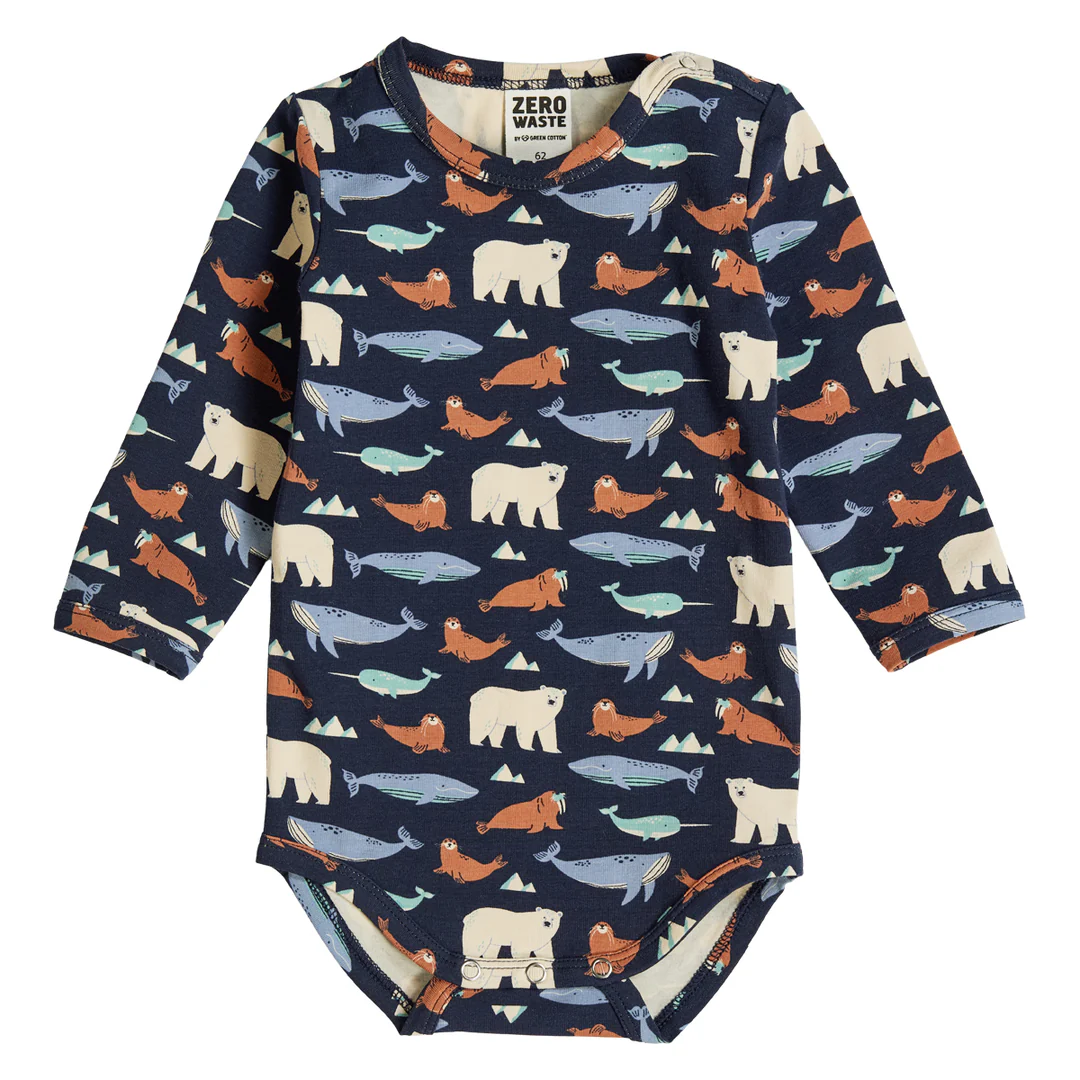 Body din bumbac organic, cu imprimeu artic si marin